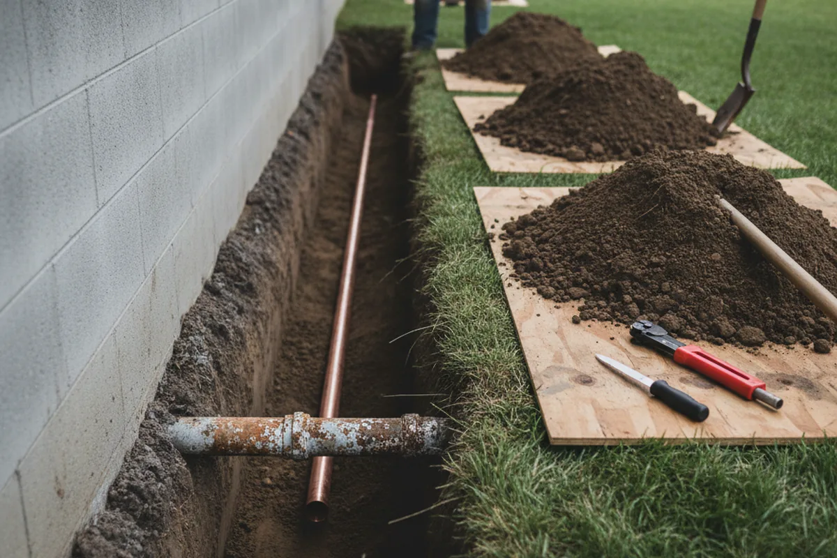 Excavated water line trench during Water Softener Installation in Collingswood